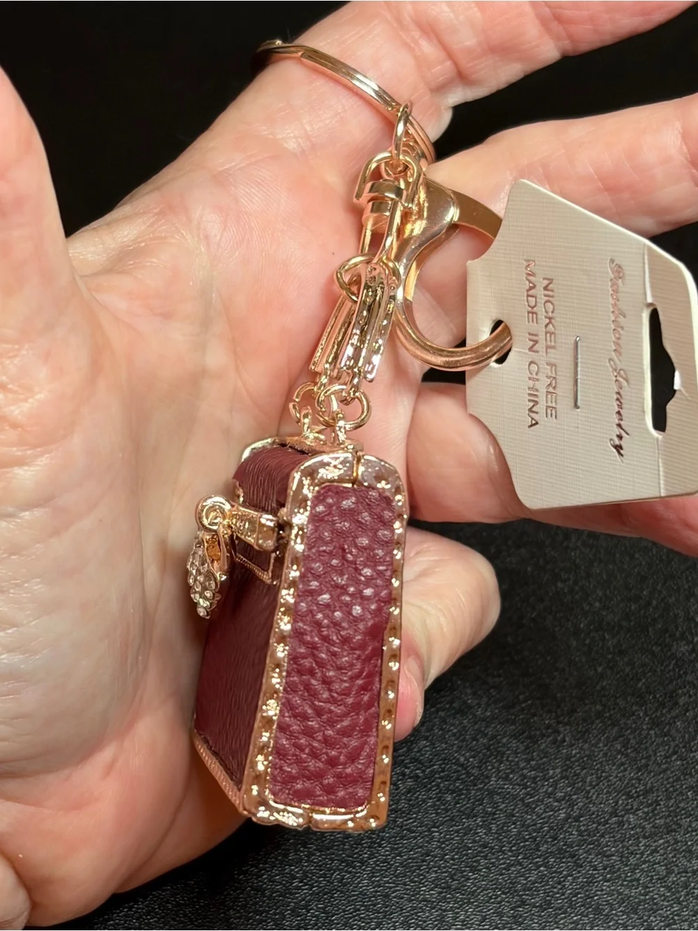 Burgundy Mini Handbag Keychain with Gold Crystal Accents